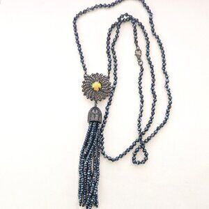HSN 925 Silver Vermeil MLD Fire Opal Marcasite Beaded Tassel Long Necklace